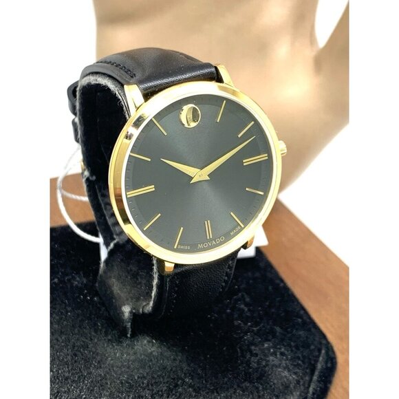 Movado Womens Watch 0607091 Ultra Slim Black Dial Swiss Quartz Gold Leather 35mm